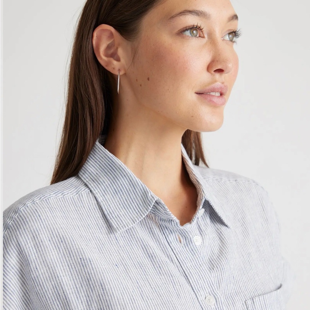 Quince Light Blue and White Striped Short Sleeve Button-Down Shirt - Picture 3 of 6